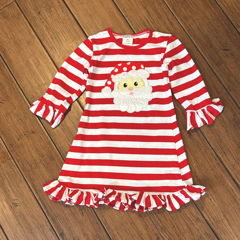 Girls' Red & White Striped Santa Ruffle Dress